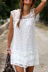 Round Neck Tassel Lace Plain Casual Dresses
