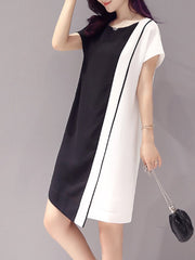 Round Neck Asymmetric Hem Patchwork Belt Plain Casual Dresses