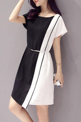 Round Neck Asymmetric Hem Patchwork Belt Plain Casual Dresses