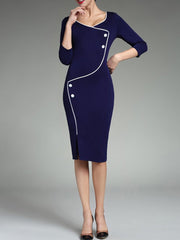 V-Neck Contrast Piping Slit Bodycon Dress