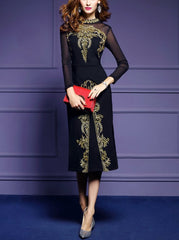 Embroidered Mesh Long-Sleeved Evening Dress