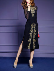 Embroidered Mesh Long-Sleeved Evening Dress