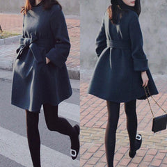 Elegant Bowknot Slim Woolen Coat Outerwear