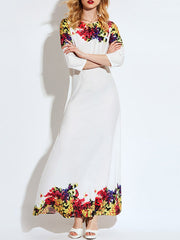 Round Neck Printed Polyester Maxi Dress