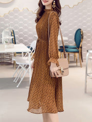 Band Collar Belt Printed Pleated Chiffon Maxi Dress