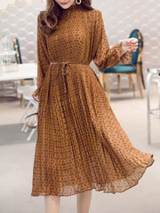 Band Collar Belt Printed Pleated Chiffon Maxi Dress