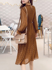 Band Collar Belt Printed Pleated Chiffon Maxi Dress