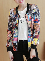 Band Collar Pocket Printed Bomber Jacket