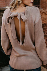 Round Neck Bowknot Back Hole Plain Sweaters