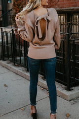 Round Neck Bowknot Back Hole Plain Sweaters