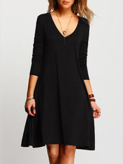 Deep V-Neck Plain Shift Dress