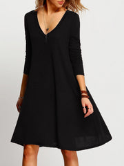 Deep V-Neck Plain Shift Dress