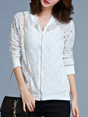 Collarless Zips Hollow Out Long Sleeve Jackets