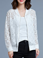 Collarless Zips Hollow Out Long Sleeve Jackets
