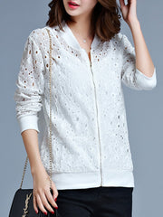 Collarless Zips Hollow Out Long Sleeve Jackets