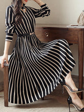 Round Neck Cutout Vertical Striped Belt Midi Skater Dress