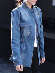 Band Collar  Flap Pocket Zips  Plain  Long Sleeve Jackets