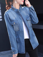 Band Collar  Flap Pocket Zips  Plain  Long Sleeve Jackets