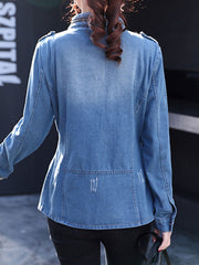 Band Collar  Flap Pocket Zips  Plain  Long Sleeve Jackets