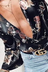 Deep V Neck Floral Printed Bell Sleeve Blouses