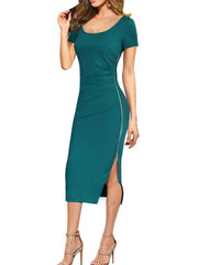 Round Neck Plain Blend Bodycon Dress