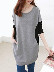 Round Neck Patch Pocket Color Block Shift Dress