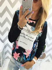Round Neck Floral Printed Letters T-Shirts