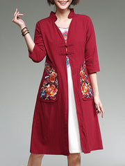 Band Collar  Abstract Print  Half Sleeve Trench Coats