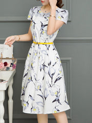 Round Neck Belt Floral Printed Skater Dress