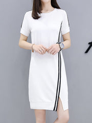 Round Neck Side Slit Color Block Shift Dress