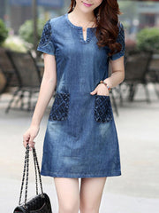Round Neck Patch Pocket Shift Dress