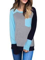 Round Neck Patchwork Color Block Long Sleeve T-Shirts