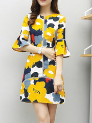 Round Neck Patchwork Floral Printed Bell Sleeve Shift Dress