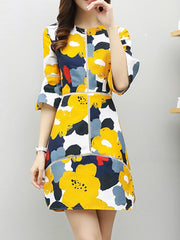 Round Neck Patchwork Floral Printed Bell Sleeve Shift Dress