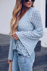 Deep V Neck Gingham Bell Sleeve Blouses