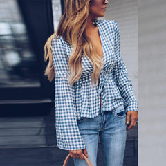 Deep V Neck Gingham Bell Sleeve Blouses