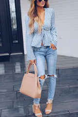 Deep V Neck Gingham Bell Sleeve Blouses