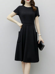 Round Neck Patch Pocket Plain Skater Dress