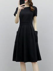 Round Neck Patch Pocket Plain Skater Dress