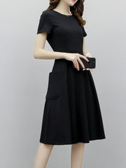 Round Neck Patch Pocket Plain Skater Dress