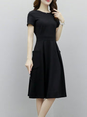 Round Neck Patch Pocket Plain Skater Dress