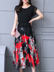 Round Neck Flounce Floral Printed Maxi Dress