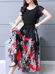 Round Neck Flounce Floral Printed Maxi Dress