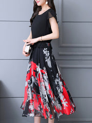 Round Neck Flounce Floral Printed Maxi Dress