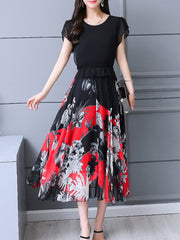 Round Neck Flounce Floral Printed Maxi Dress