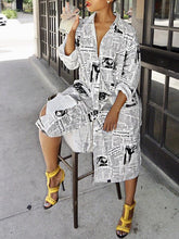 Women Turn Down Collar Newspaper printed jacket style shift dresses