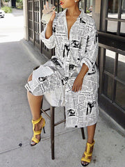 Women Turn Down Collar Newspaper printed jacket style shift dresses