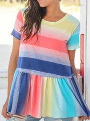 Fashion Round Collar Split Joint Rainbow Blouse