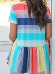 Fashion Round Collar Split Joint Rainbow Blouse