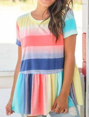 Fashion Round Collar Split Joint Rainbow Blouse